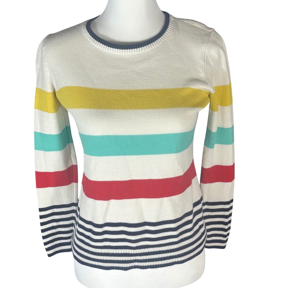 Talbots Sweater Women P Petite White Multi Color Stripe Pima Cotton Crew Neck